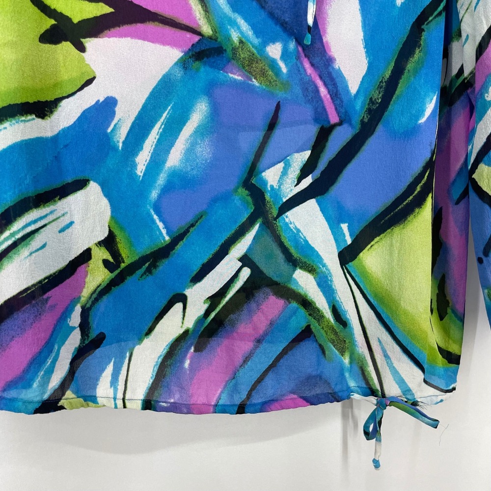 Chico's Size 2 Large 100% Silk‎ Blouse Blue Green Abstract Print Top 100% Silk - Picture 2 of 7